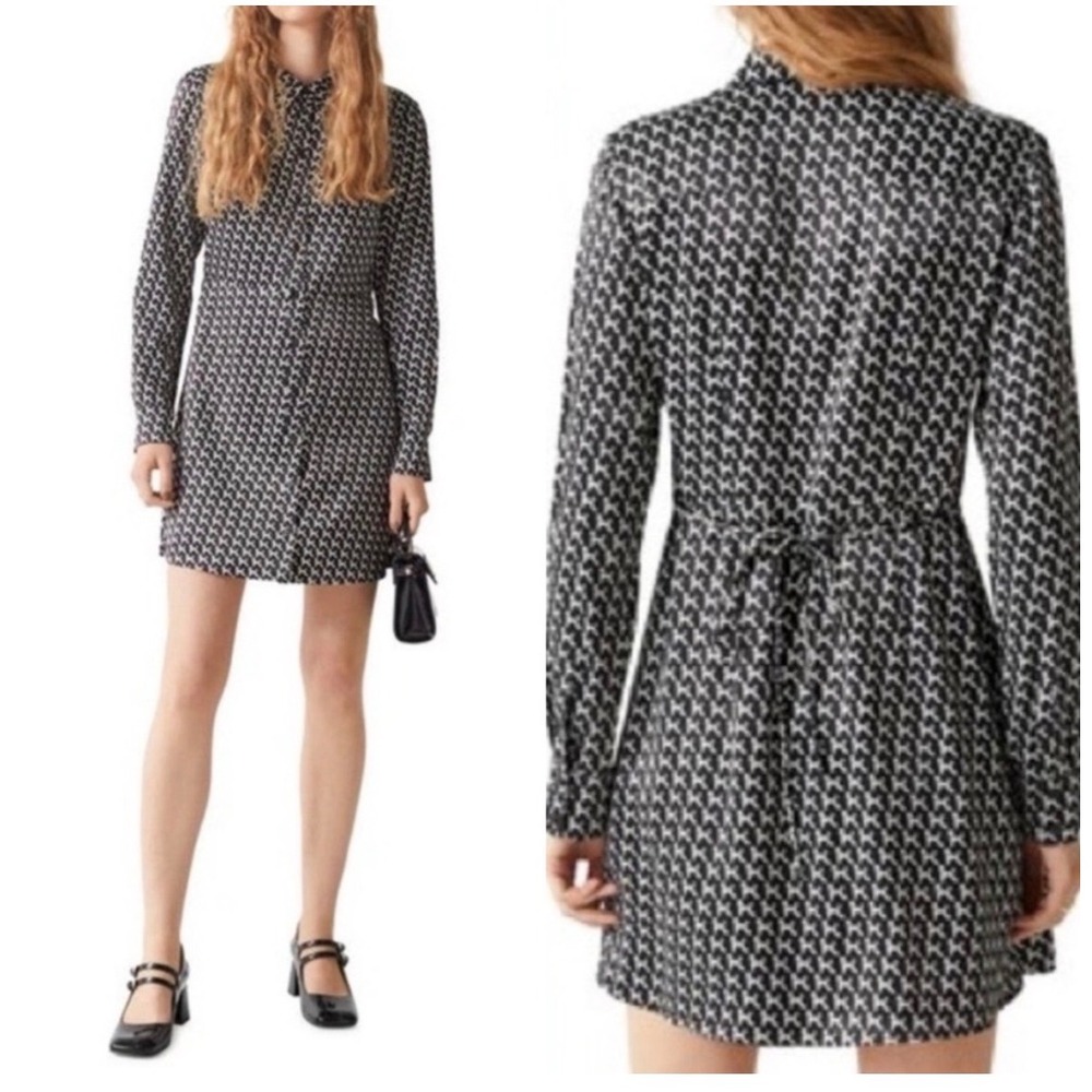 & Other Stories Paris Atelier Poodle Print Shirt Dress Black White Mini EU 38